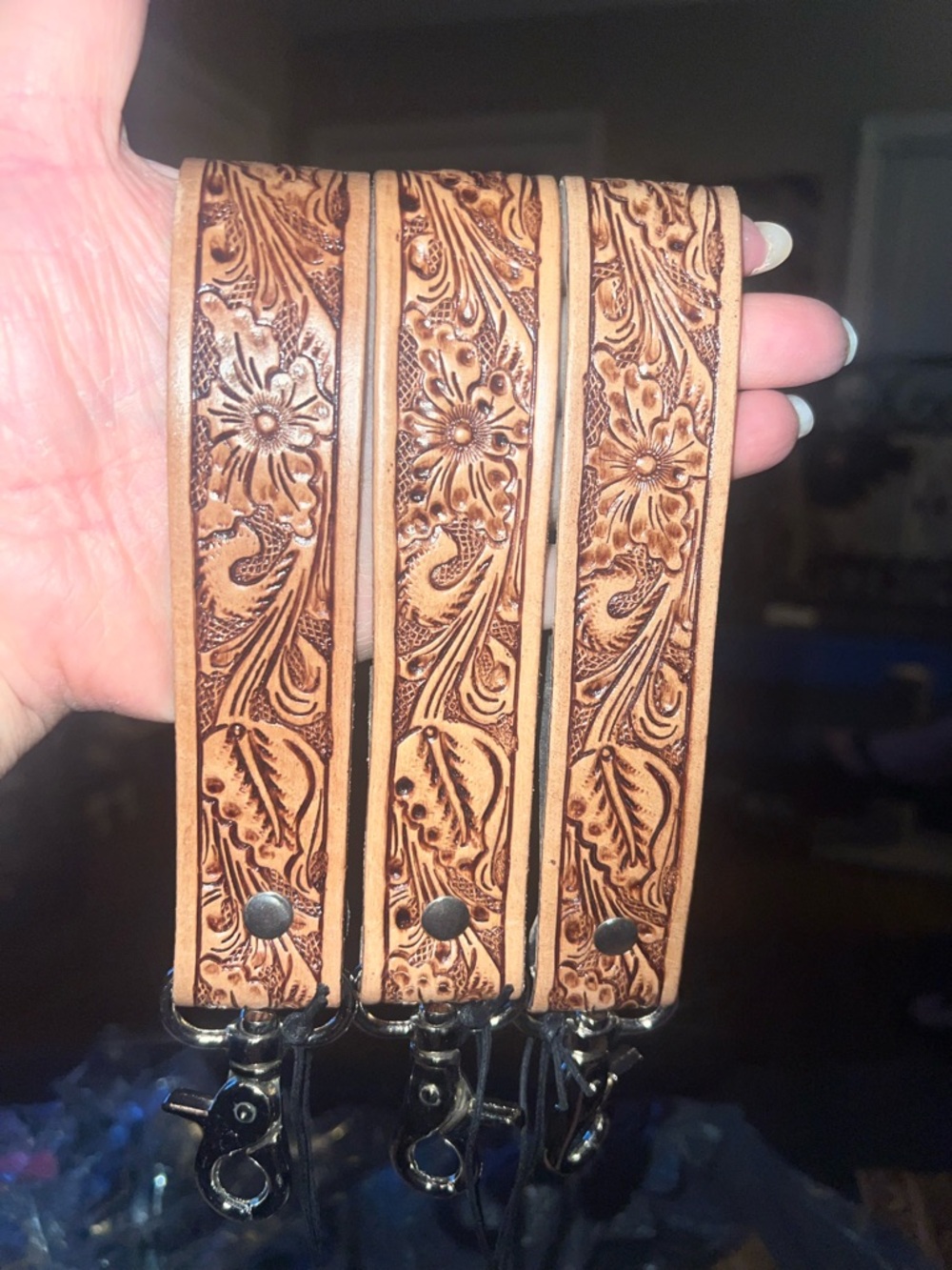 Myra Bag Tan Tooled Leather Key & Card Lanyard  3 available